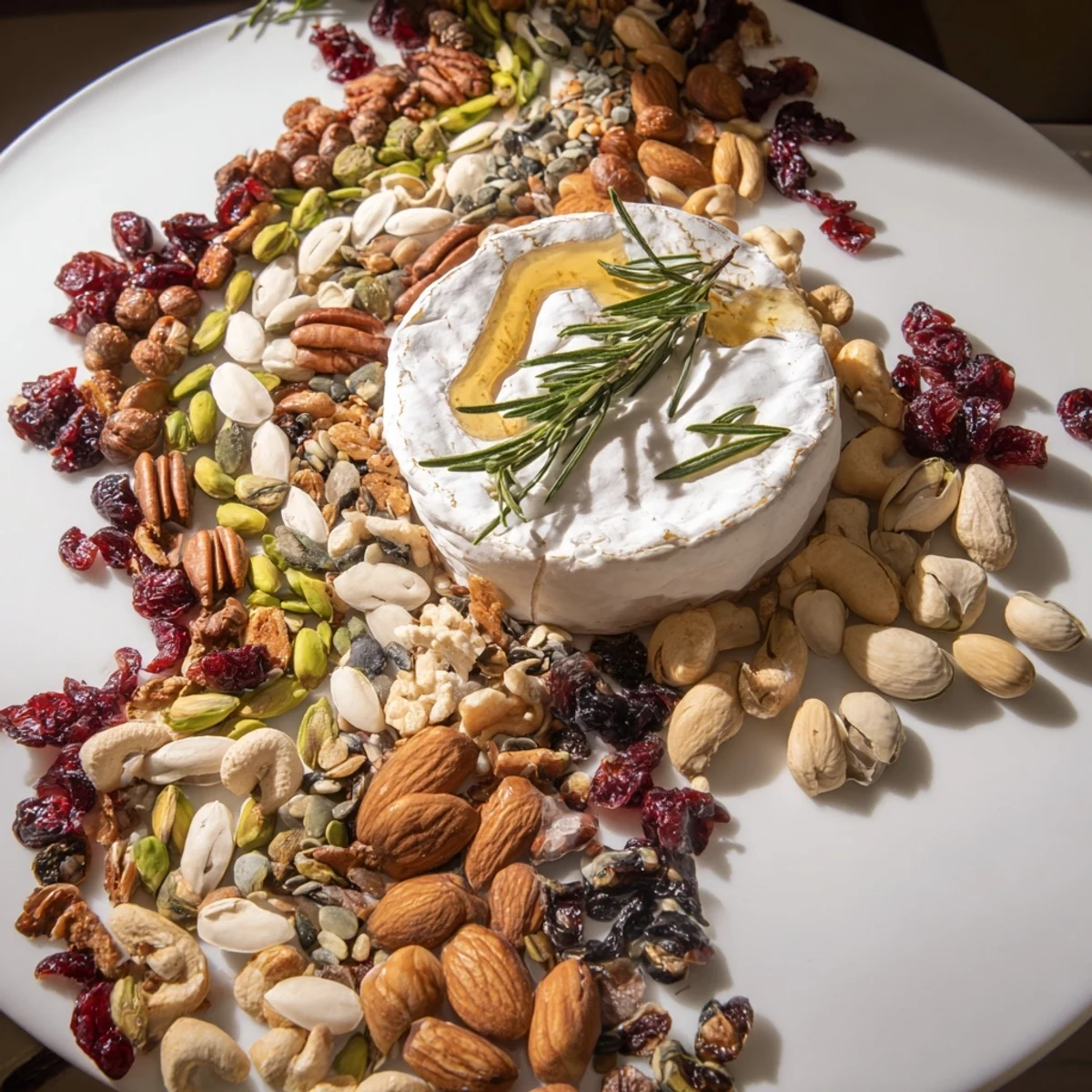 A visually stunning The Labyrinth appetizer with a soft cheese center, surrounded by varied nuts and seeds.