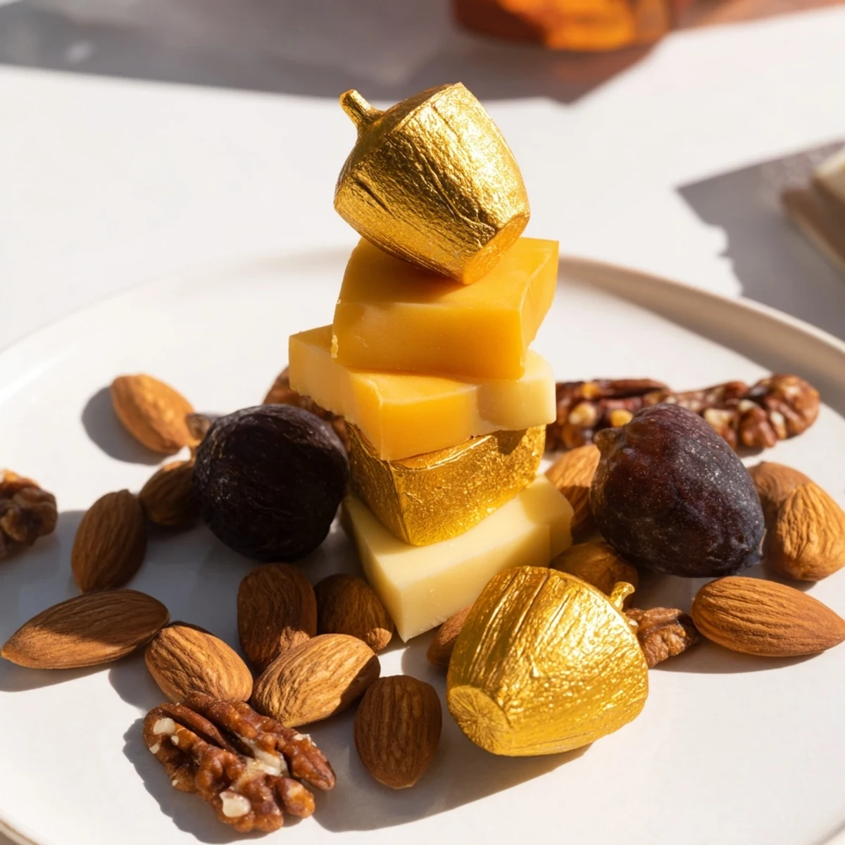 The Gilded Acorn charcuterie board features golden, glistening almonds and adorable acorn-shaped cheese.