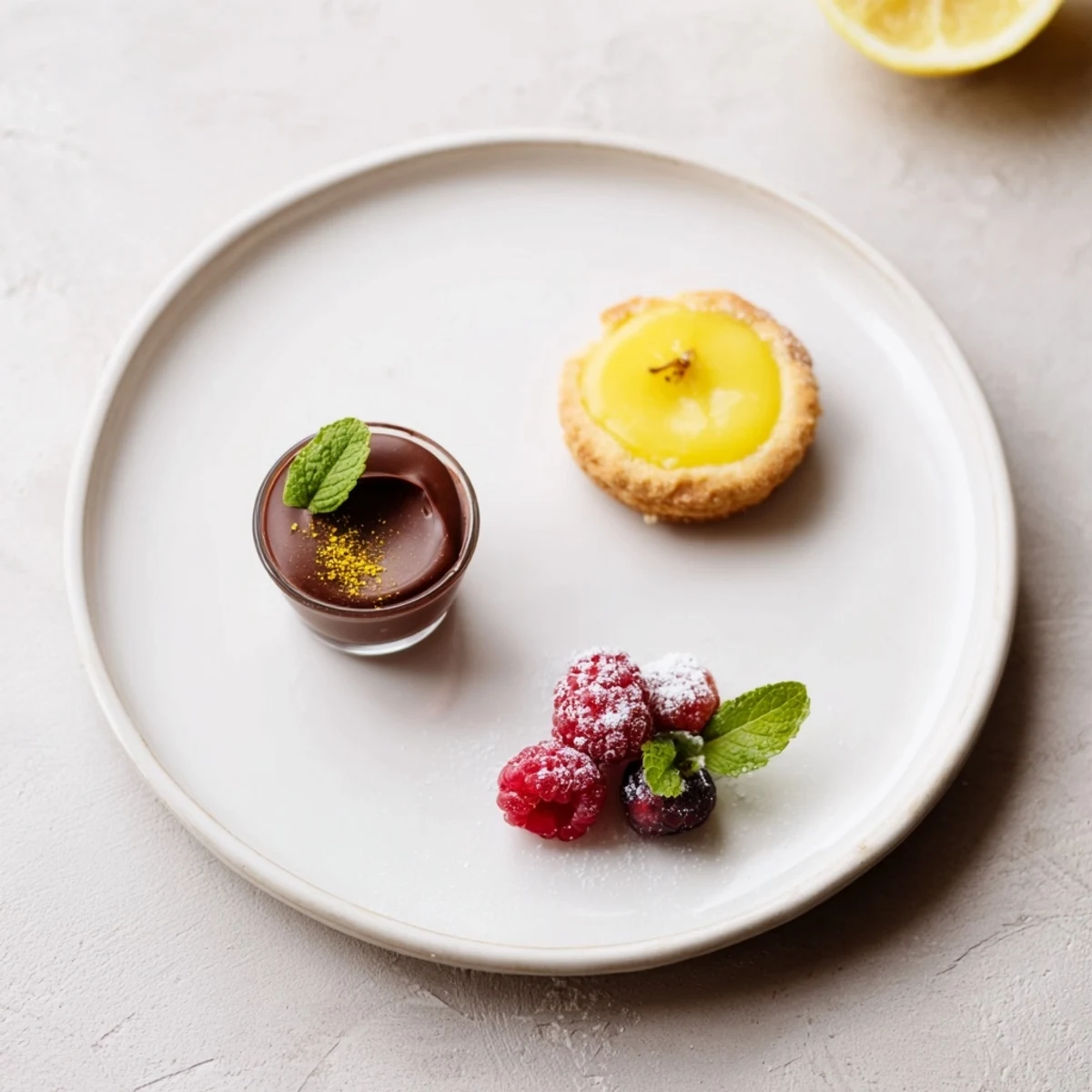 A stunning Assiette de Desserts arrangement showcasing vibrant textures of chocolate, lemon, berries.