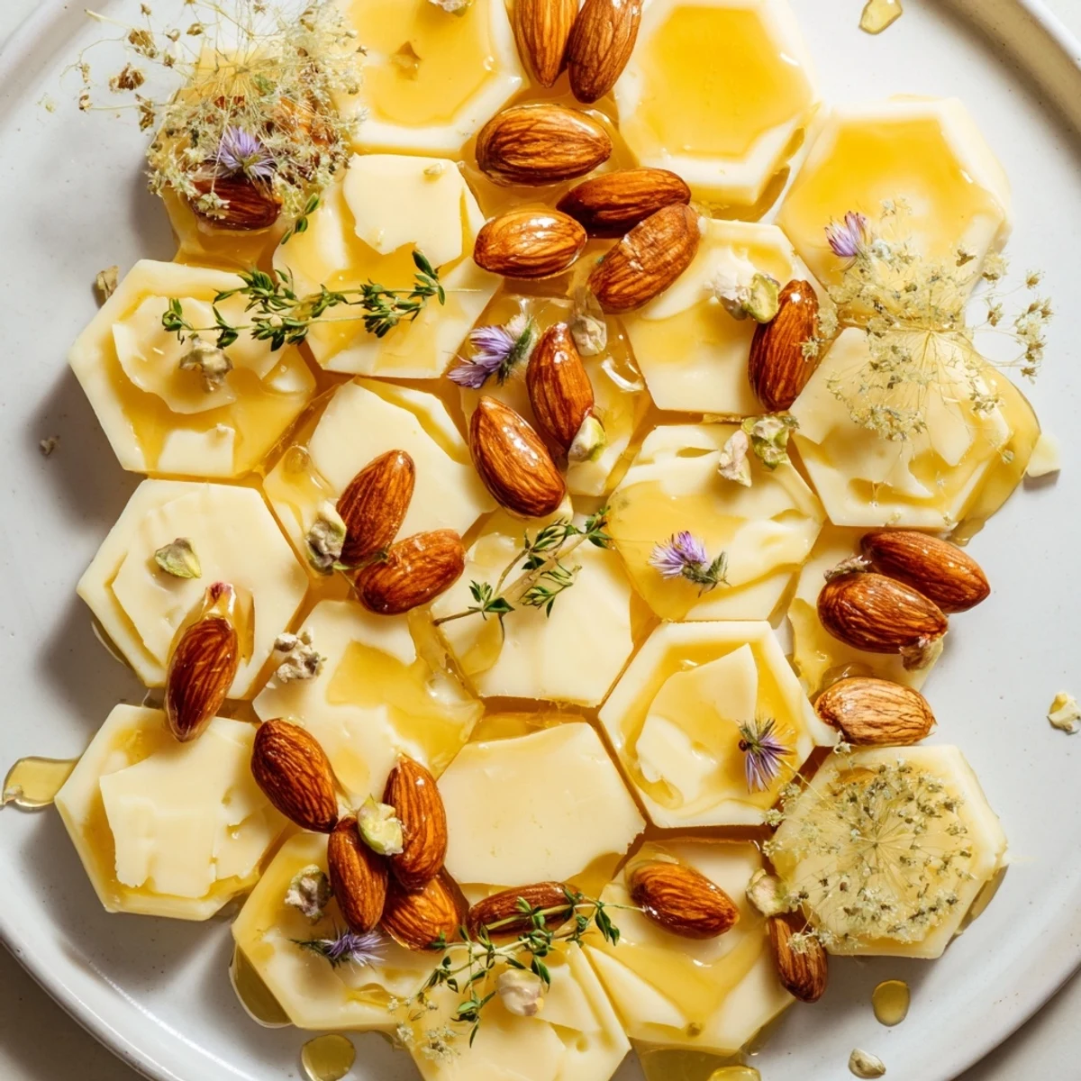 Honeycomb Hexagon Maze featuring creamy cheese, nuts, and a sweet honey drizzle ready to be enjoyed.