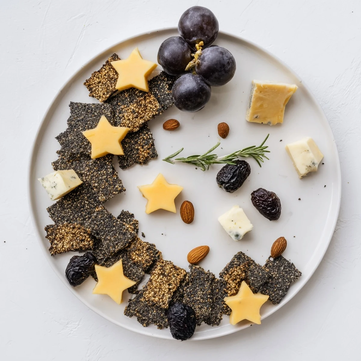 Crescent Moon & Stars Cheese Board: A beautifully arranged cheese board with star-shaped gouda and dark crackers.