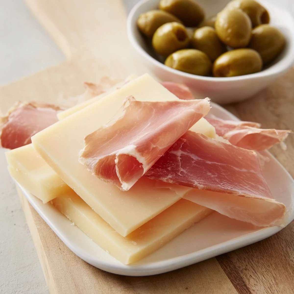 Elegant cheese board featuring aged Comté, Jamón Ibérico, and olives, a minimalists dream appetizer.