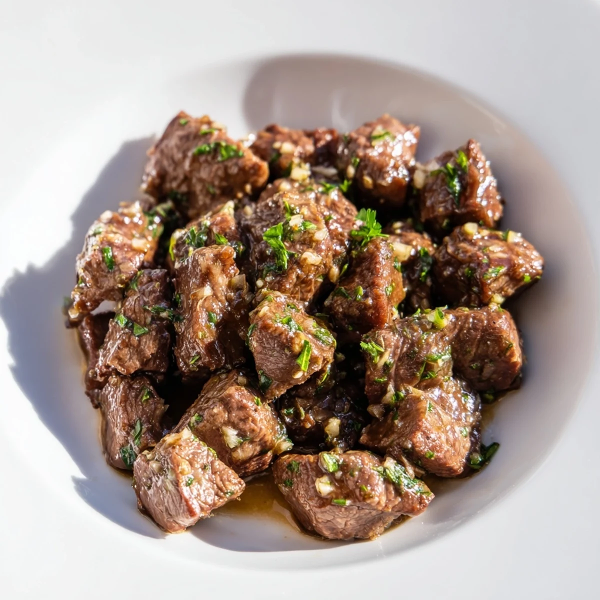Perfectly cooked air-fryer garlic-butter steak bites, offering a tender bite with fresh parsley garnish.