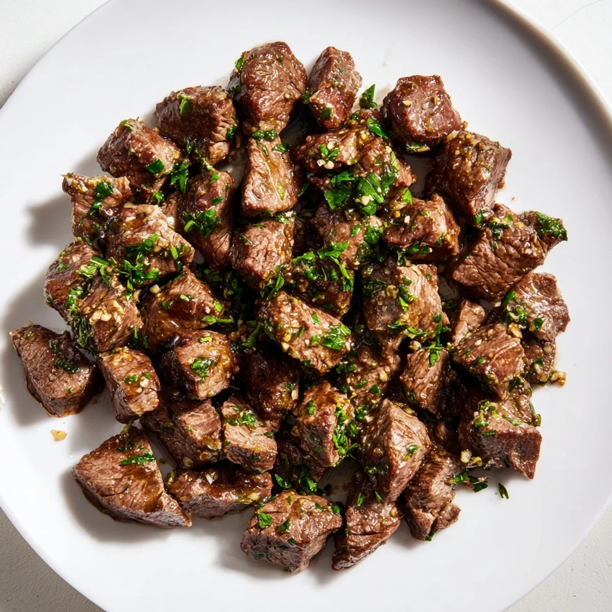 Golden-brown air-fryer garlic-butter steak bites, glistening in a savory sauce, ready to serve and enjoy.