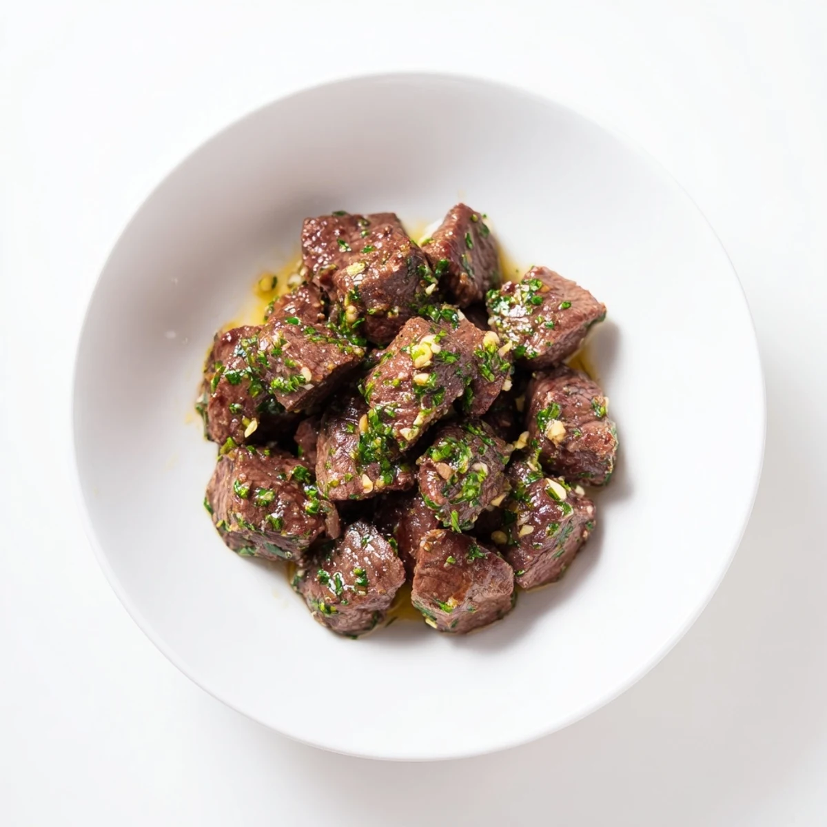 Close-up image of sizzling air-fryer garlic-butter steak bites, deliciously aromatic and ready to eat.