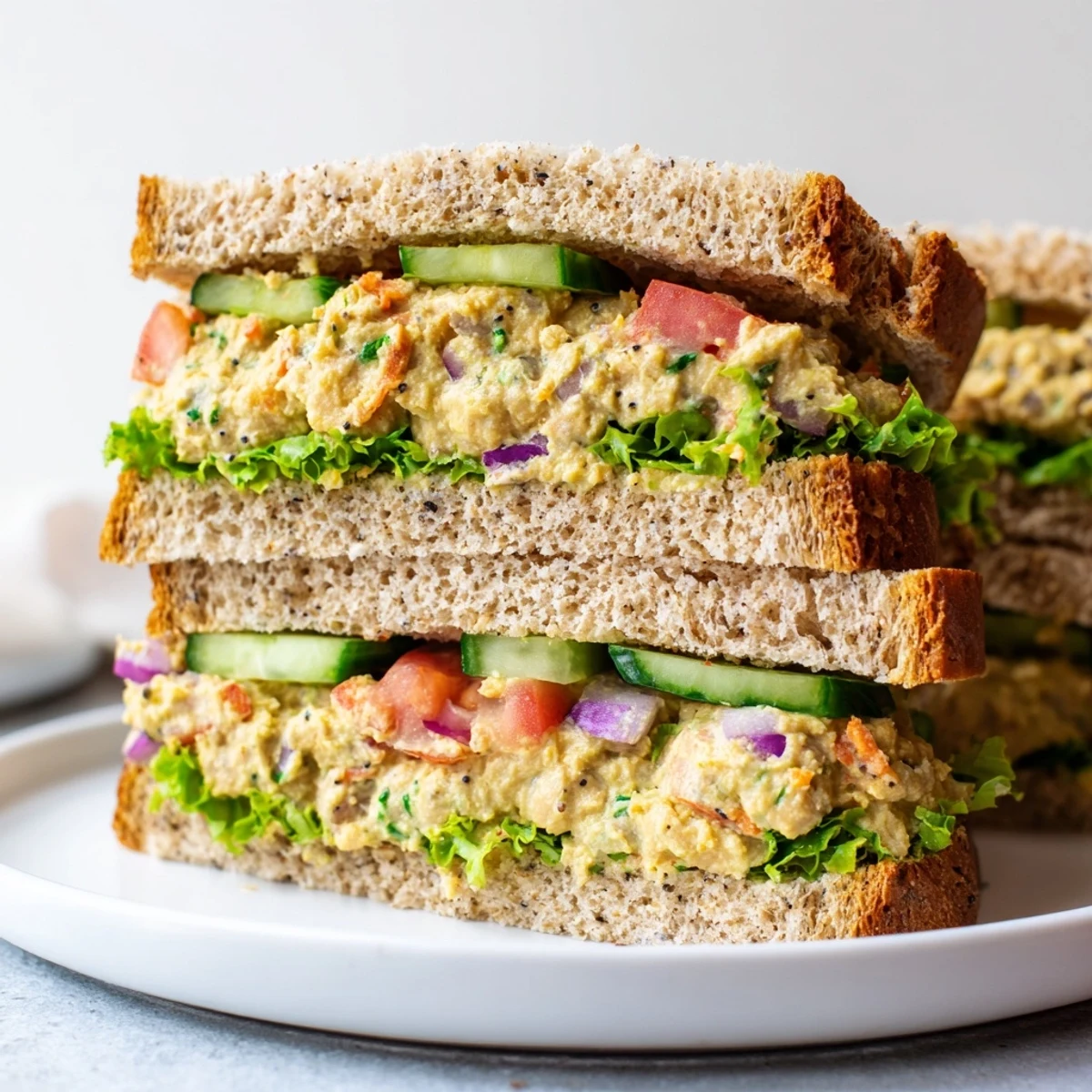 Perfectly assembled Easy Chickpea Salad Sandwich on a wooden board, ideal for lunch.