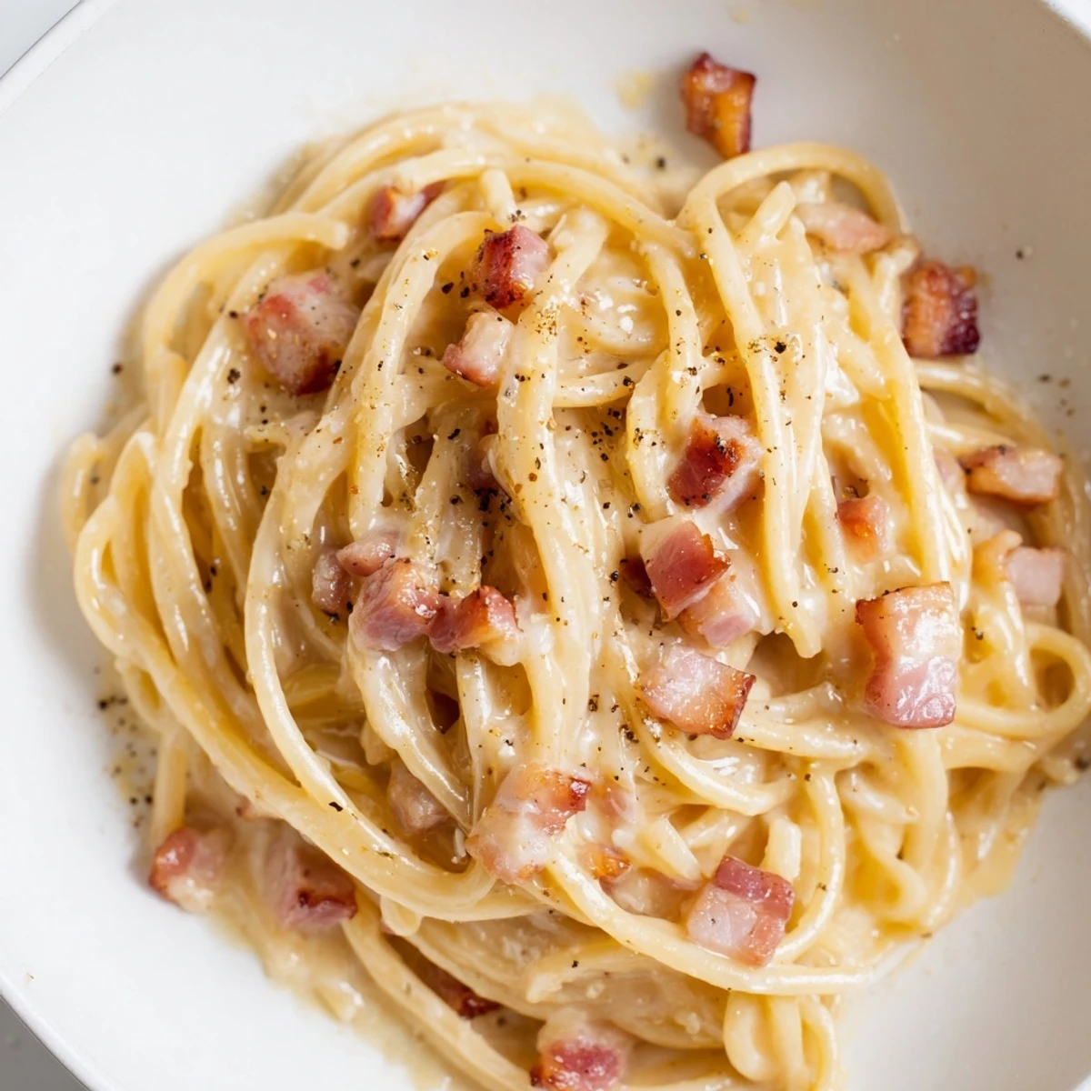 A steaming bowl of Express Spaghetti Carbonara: creamy pasta coated in rich, egg yolk sauce.