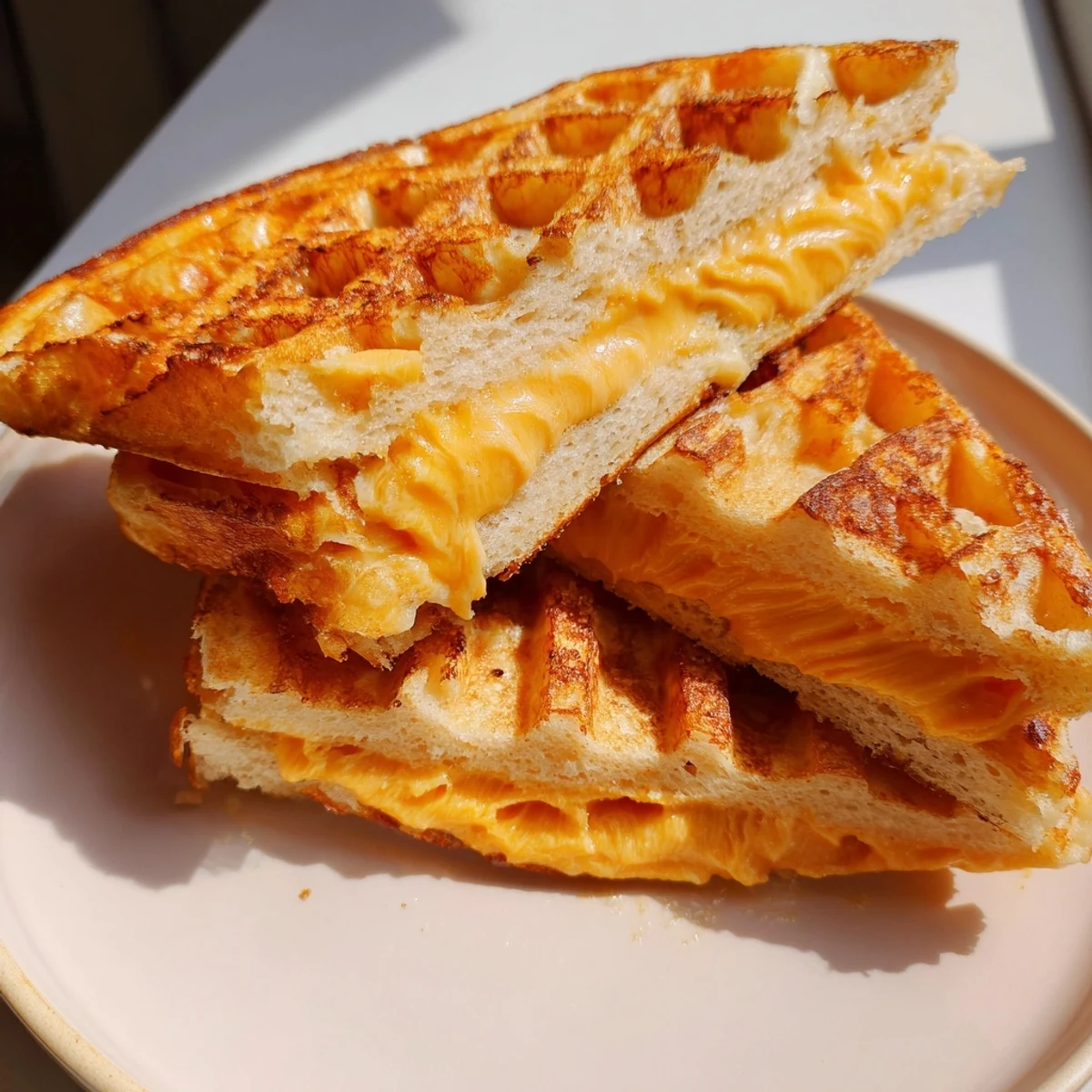 Warm, melty cheddar inside a perfectly textured Waffle Grilled Cheese, ready for a delicious lunch.