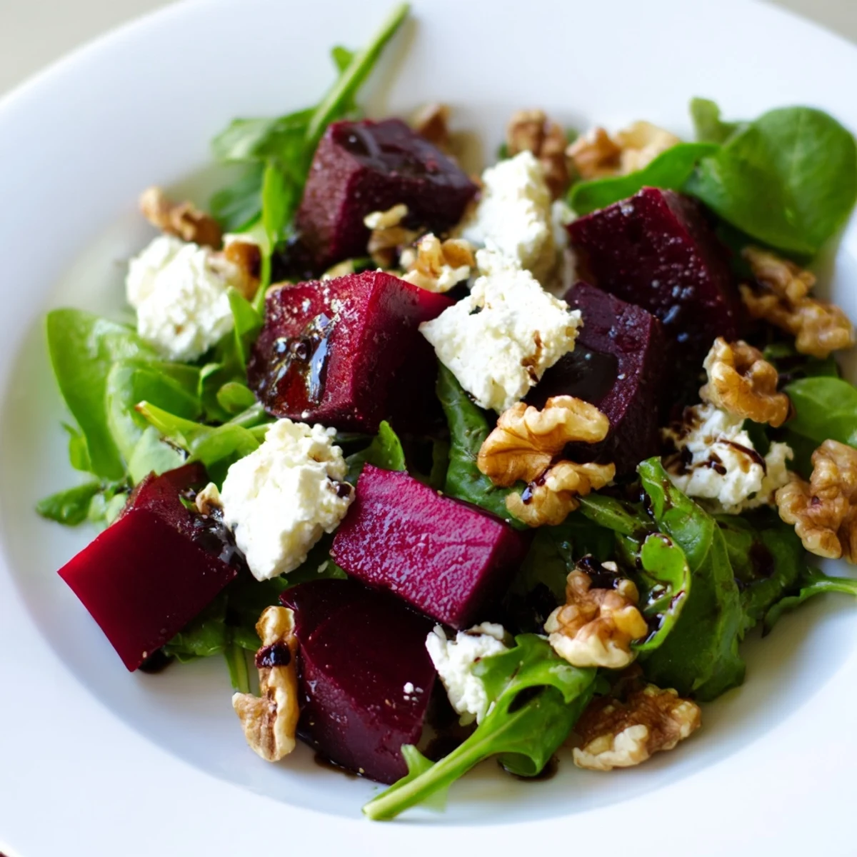 Freshly assembled Beet and Goat Cheese Salad, drizzled with balsamic vinaigrette, ready to serve.