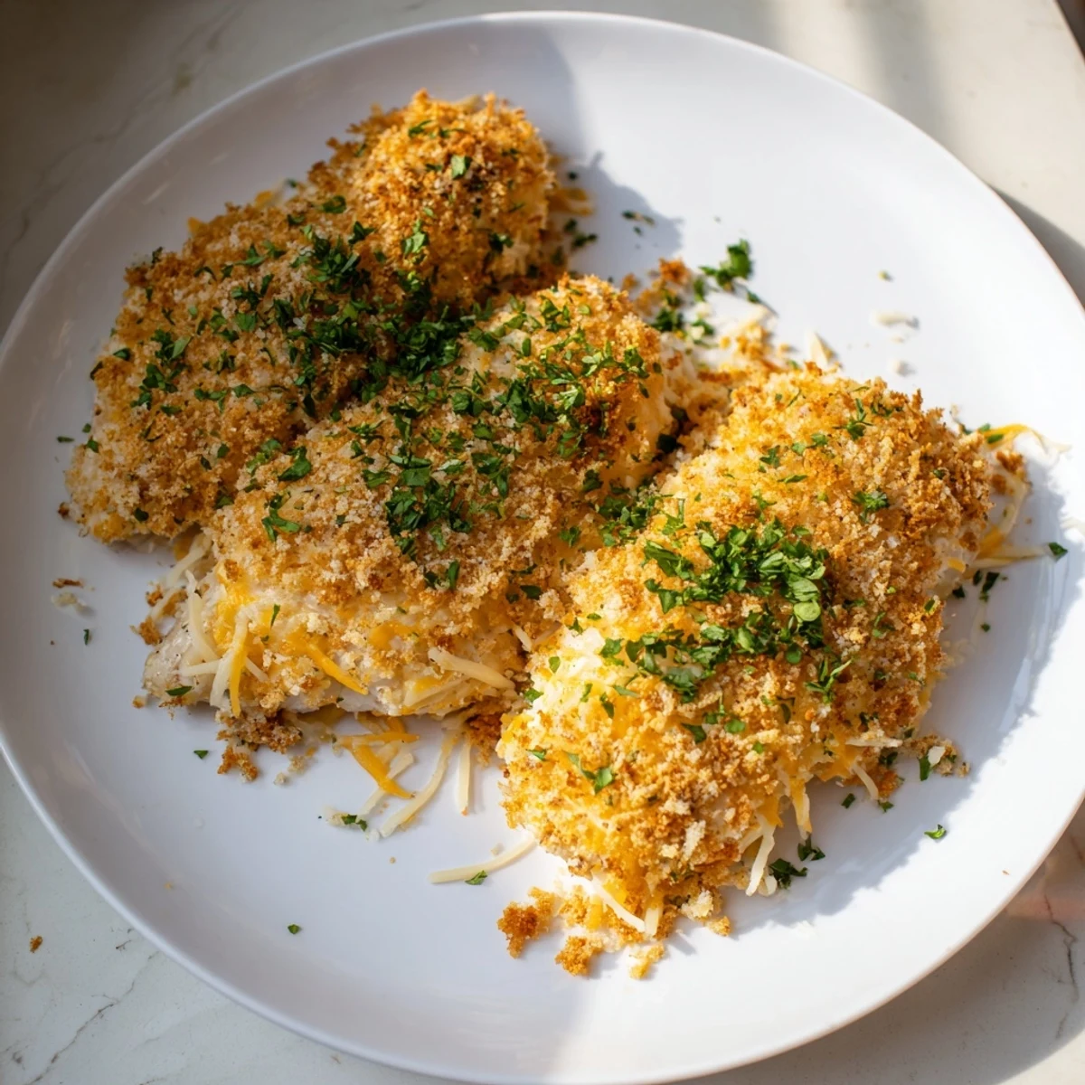 Golden, bubbly Cheesy Baked Chicken Breast, a comforting meal with melted cheese and crispy breadcrumbs.