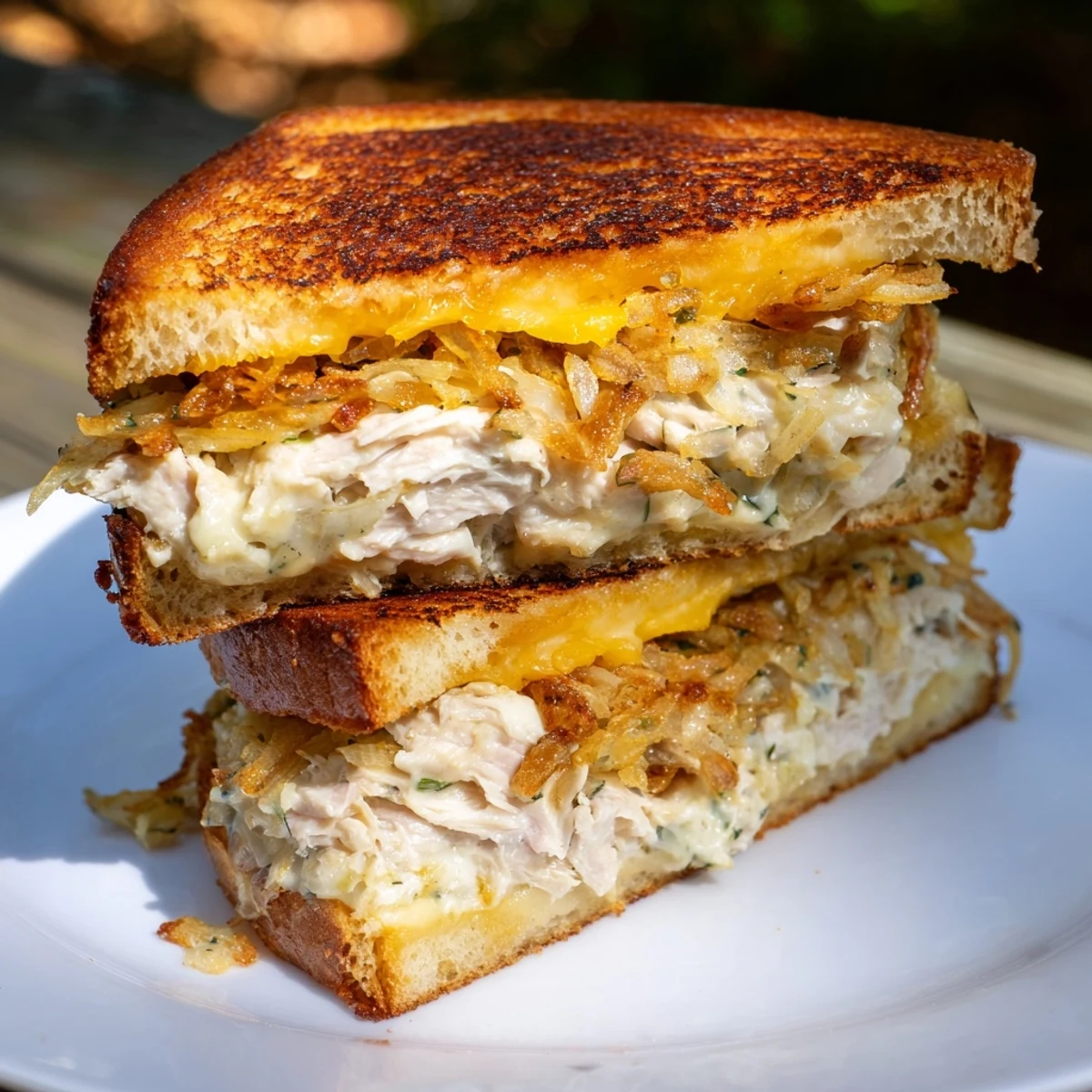 Golden, gooey Crispy Shallot Chicken Grilled Cheese, overflowing with melted cheese and crispy shallots.
