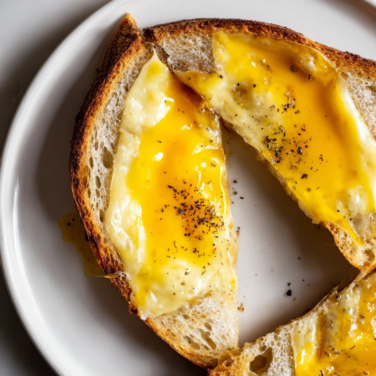 Golden brown Truffle Oil Grilled Cheese; gooey cheese oozing from toasted bread, ready to serve.