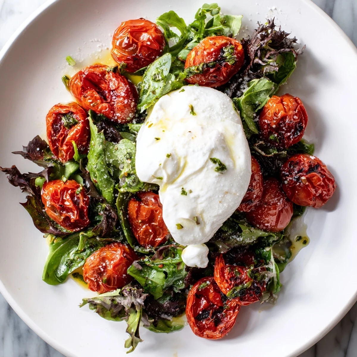 Close-up of vibrant Charred Tomato Salad with creamy burrata, drizzled with basil dressing.