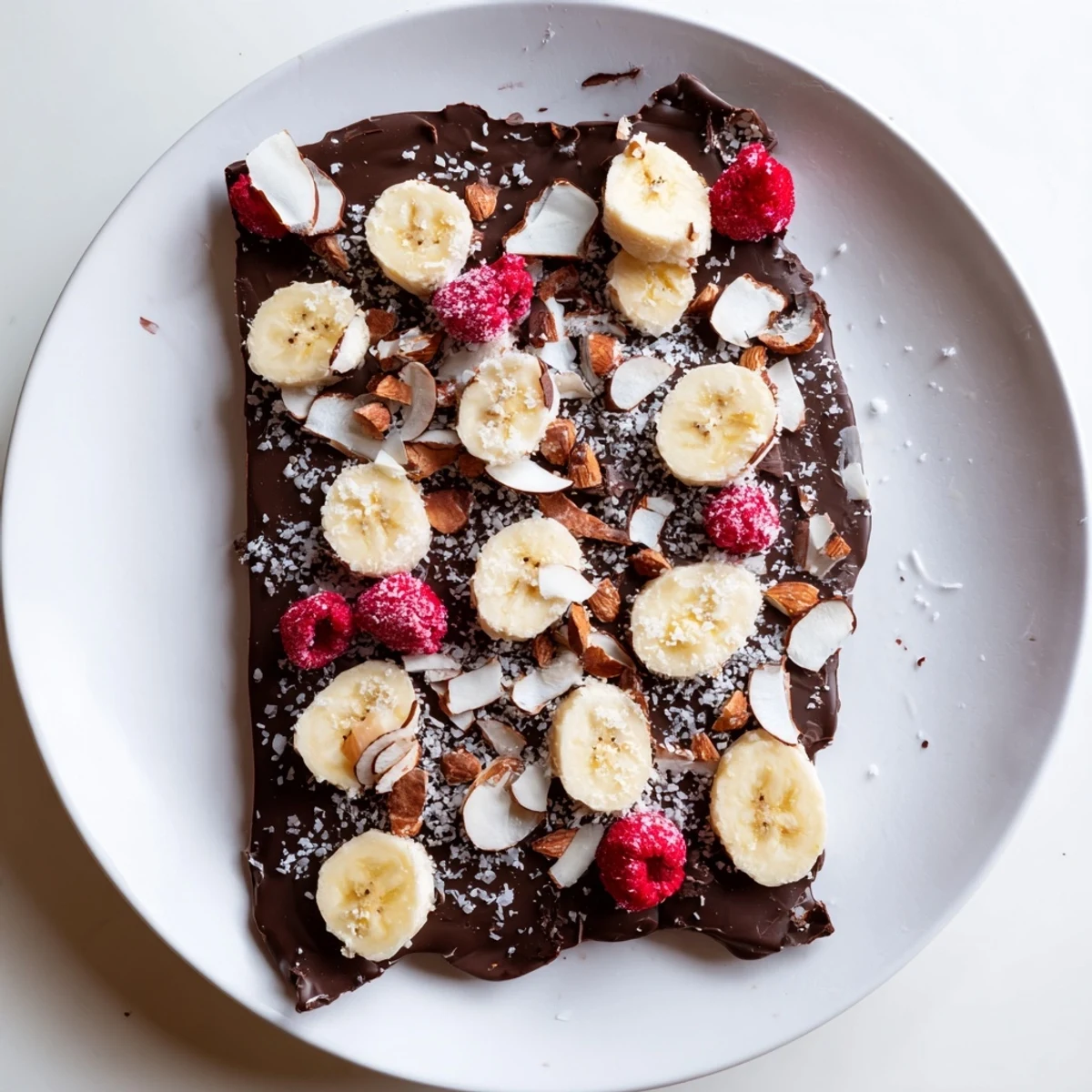 Frozen Chocolate Banana Bark with scattered toppings, a sweet and refreshing cold dessert.