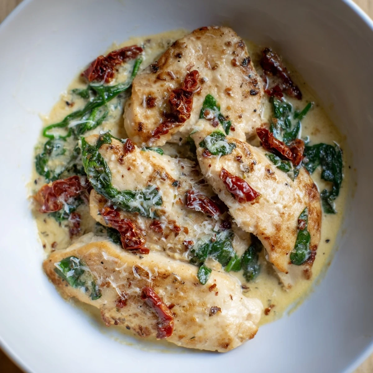 Creamy Tuscan Chicken, a delicious one-pan meal with golden chicken and vibrant spinach in a creamy sauce.