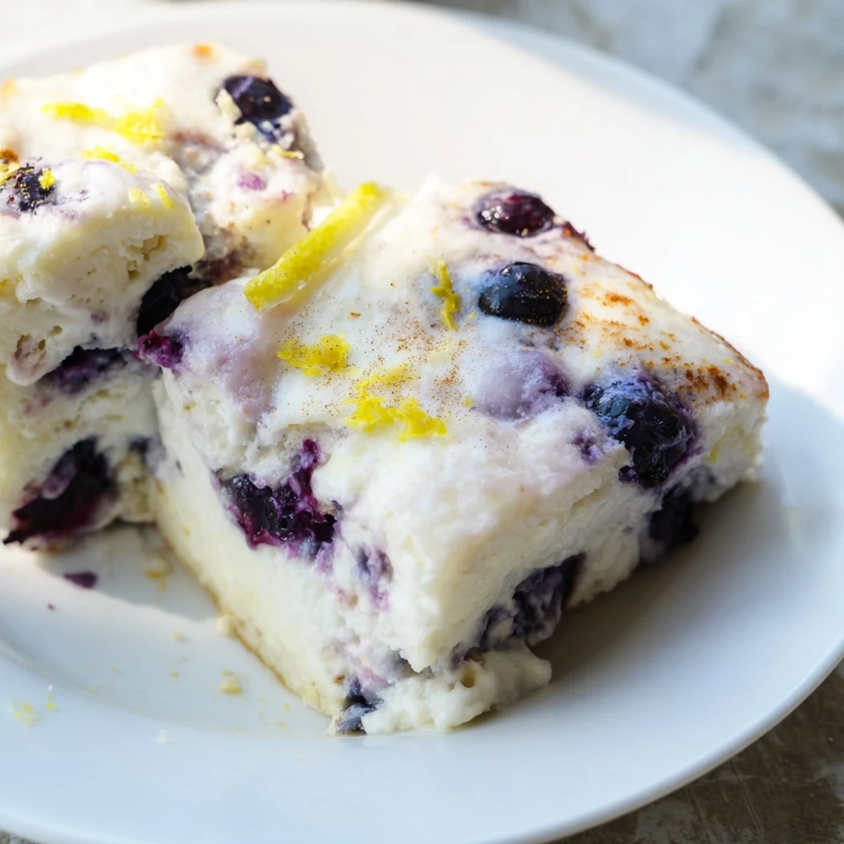 Warm Blueberry Cottage Cheese Bake, with a golden top and juicy blueberries throughout.