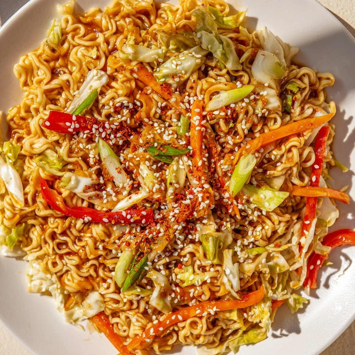 Close-up of freshly cooked spicy ramen stir fry, showing the vibrant noodles and vegetables in a wok.