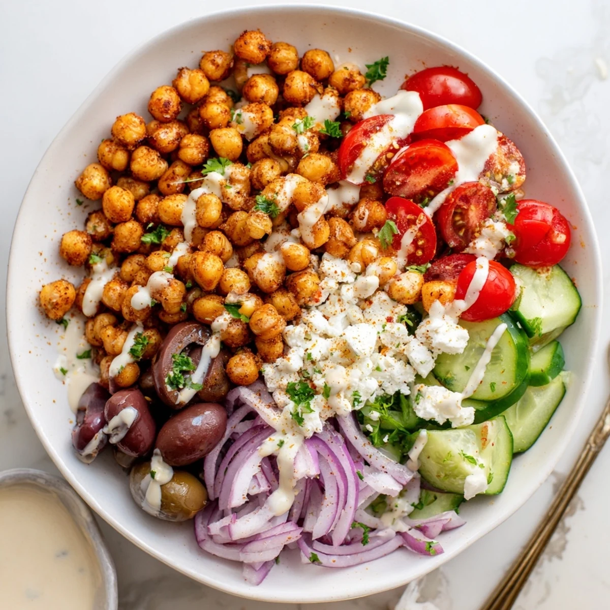 Mediterranean Chickpea Bowl bursting with color: roasted chickpeas, fresh veggies, drizzled tahini dressing.