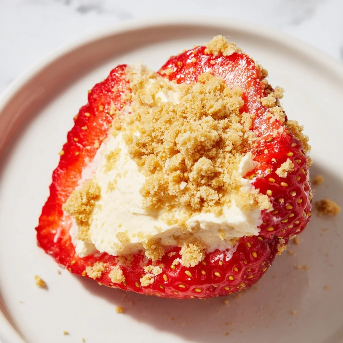 Close-up of Cheesecake Stuffed Strawberries with a light dusting of graham crackers; a refreshing dessert.