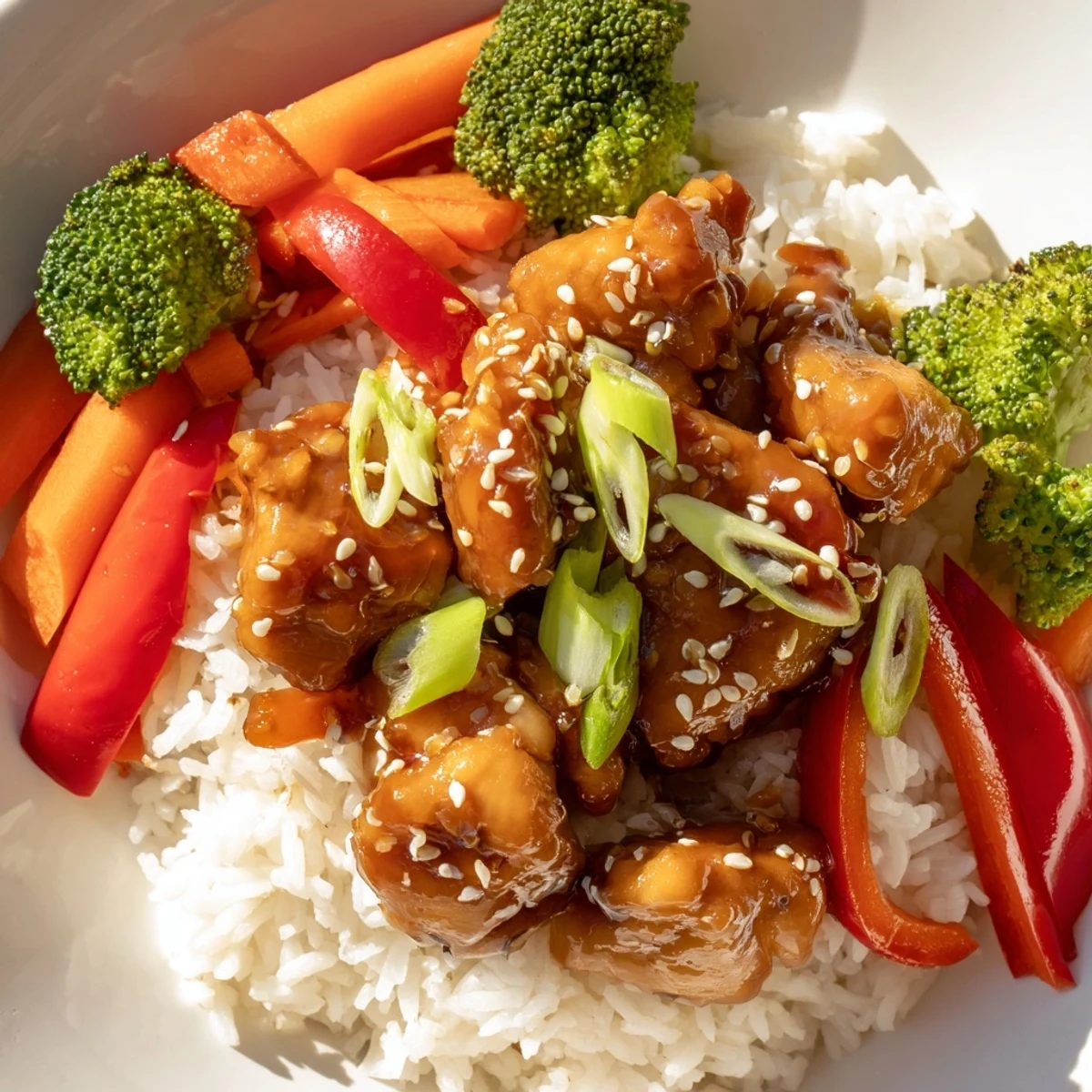 Tender teriyaki chicken rice awaits, a balanced meal with steamed broccoli and sliced carrots.
