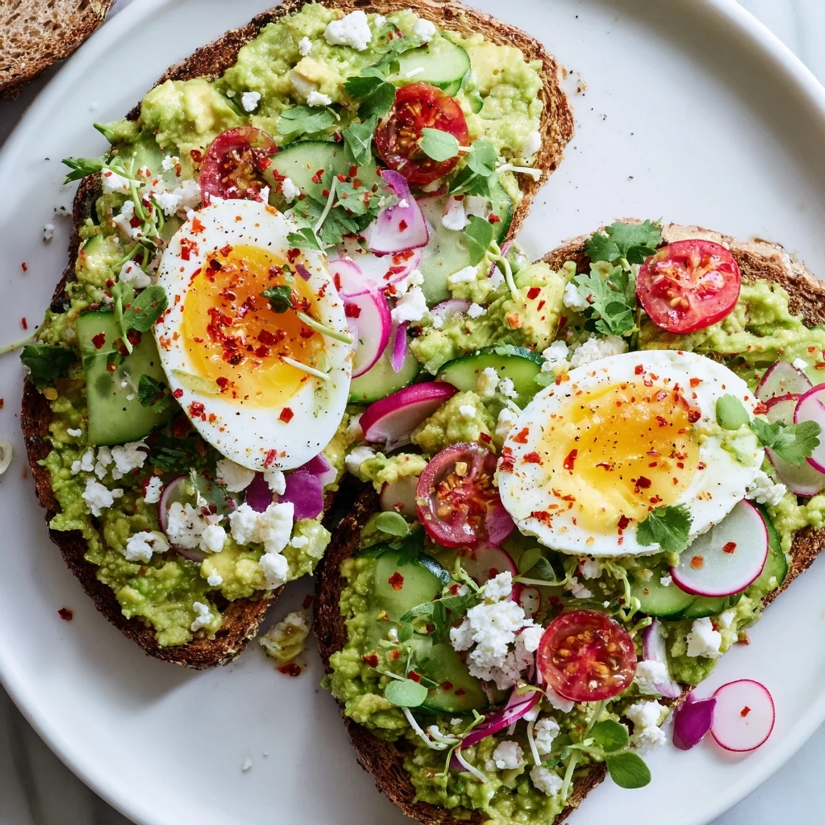 Golden sourdough topped with Loaded Avocado Toast, featuring creamy avocado, fresh veggies, and a jammy egg.