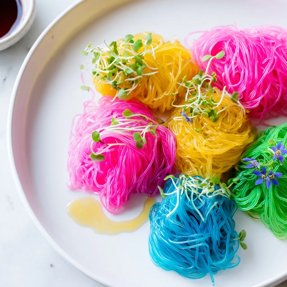 Vibrant neon noodle clouds, chilled and served with a savory dipping sauce, look so delicious.