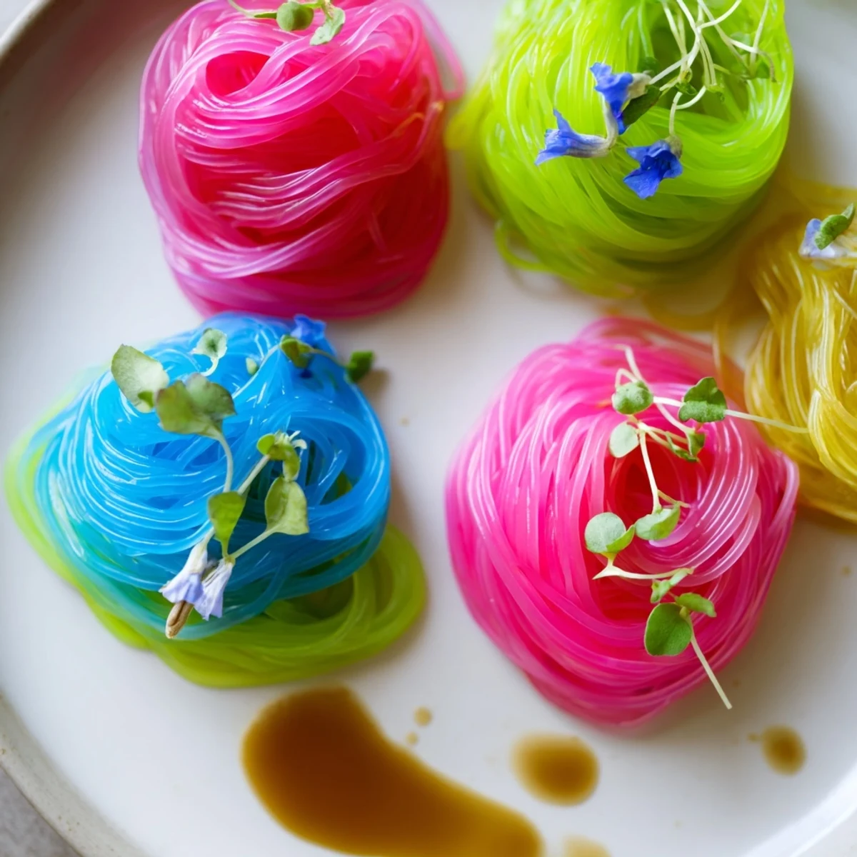 Beautiful bundles of colorful neon noodle clouds, perfect for a fun, shareable appetizer or side dish.