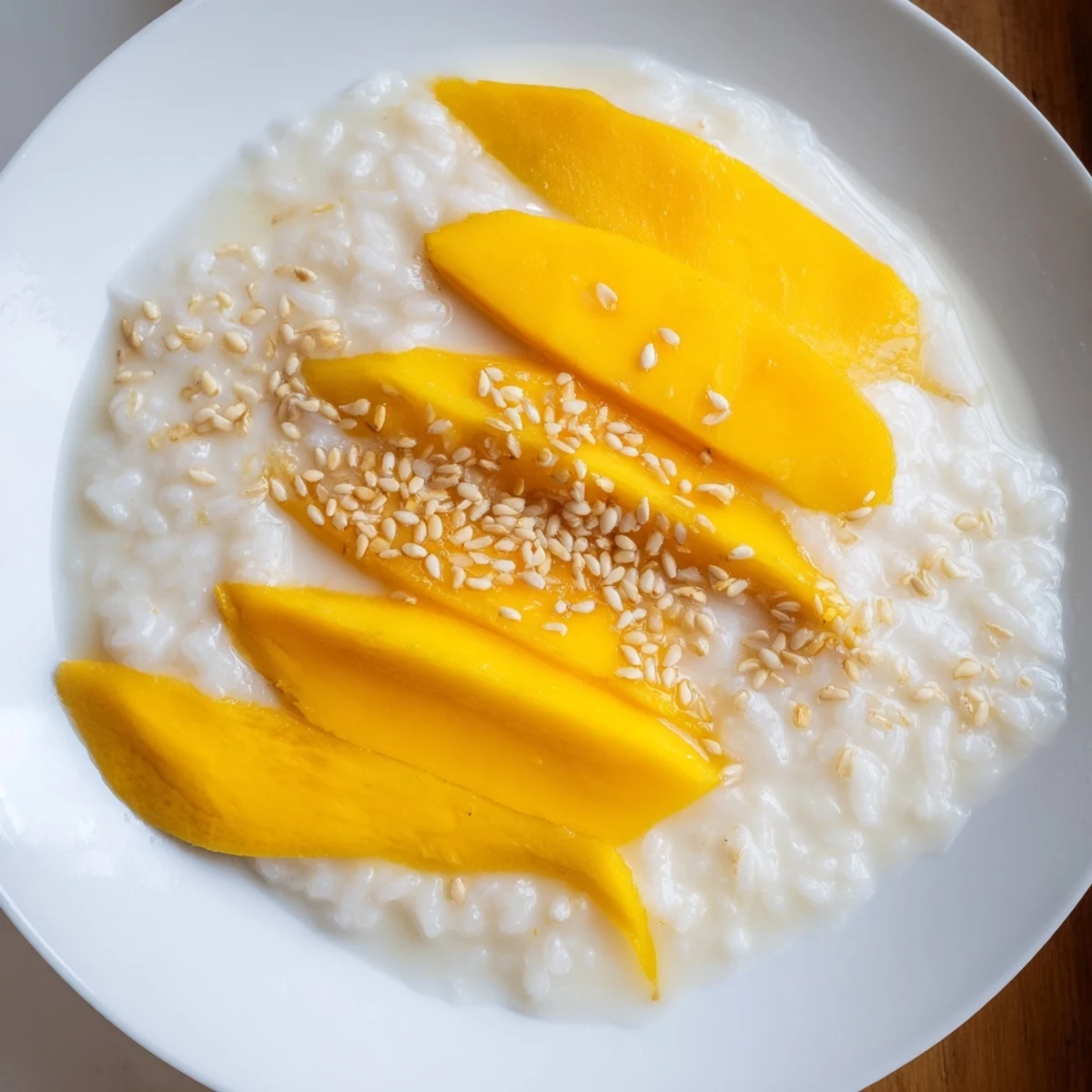 Coconut-covered sticky rice beside fresh mango, a classic Thai Mango Sticky Rice dessert.