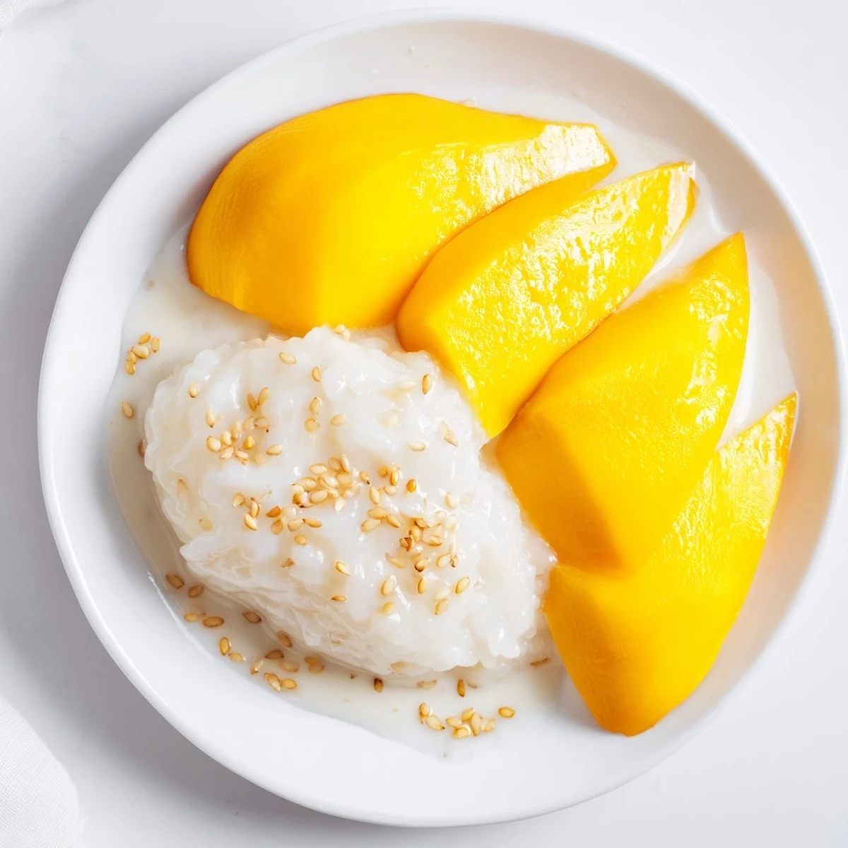 A plate of homemade Thai Mango Sticky Rice, drizzled with coconut sauce and toasted sesame seeds.