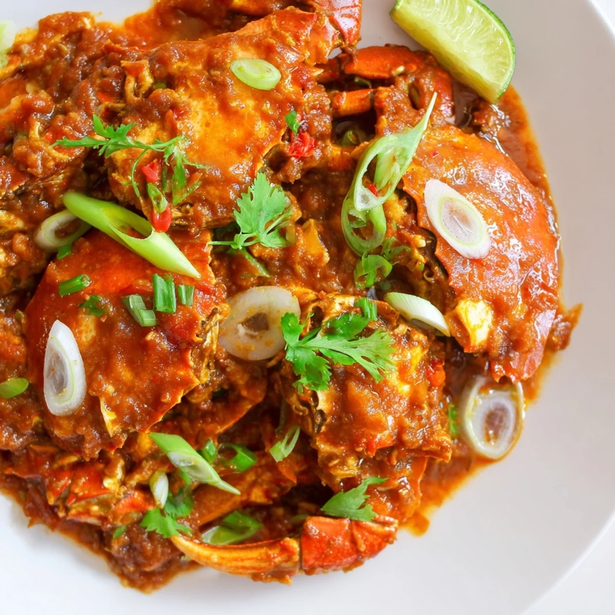 Steaming Singaporean chili crab, covered in a rich, vibrant sauce, ready to be served.