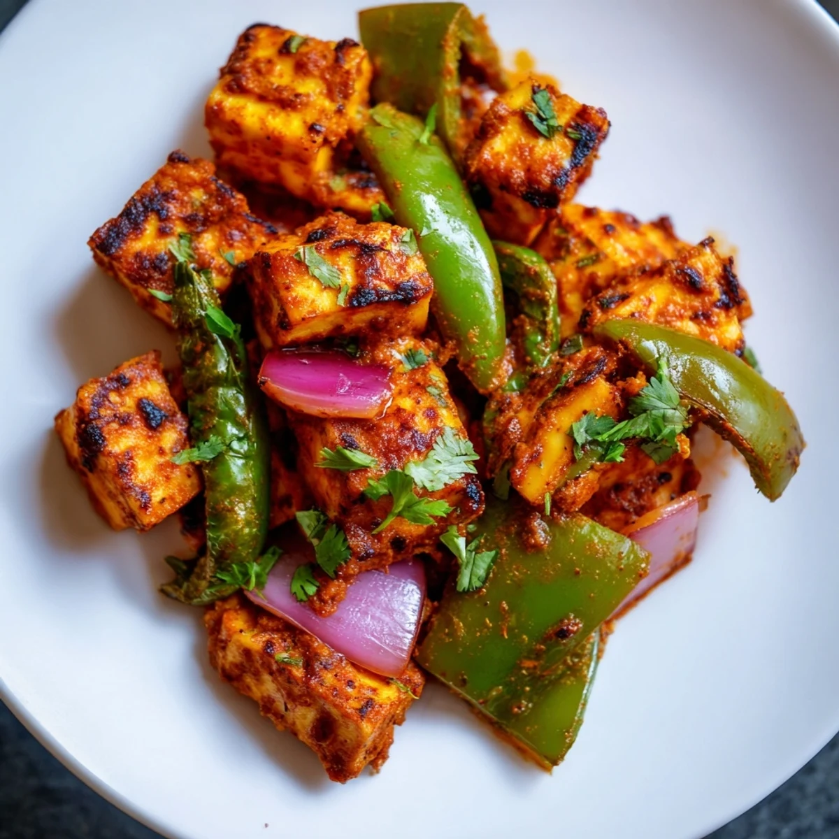 Sizzling Paneer Tikka Masala: Tender paneer cubes and veggies smothered in creamy, rich tomato sauce.
