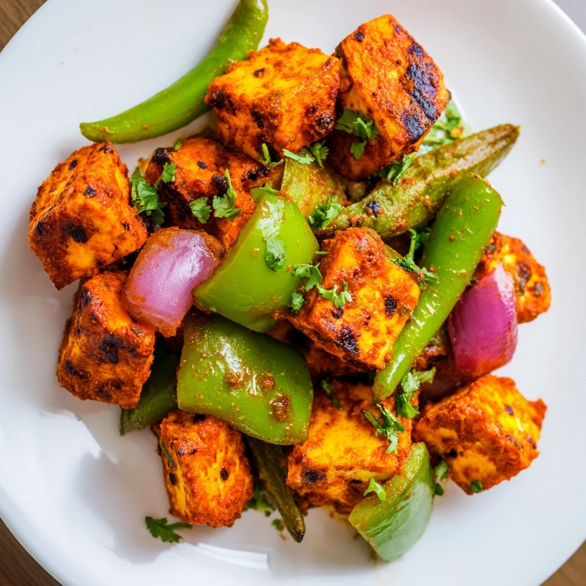 Fragrant Paneer Tikka Masala: A vibrant Indian dish, served atop fluffy basmati rice, garnished with cilantro.