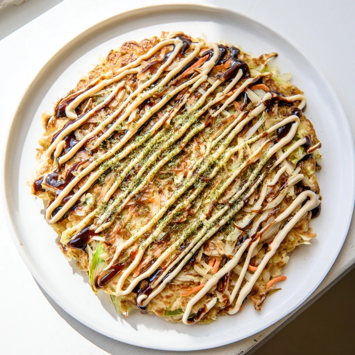 Fragrant and colorful: Homemade Japanese okonomiyaki pancakes topped with seaweed and pickled ginger, perfect for lunch.