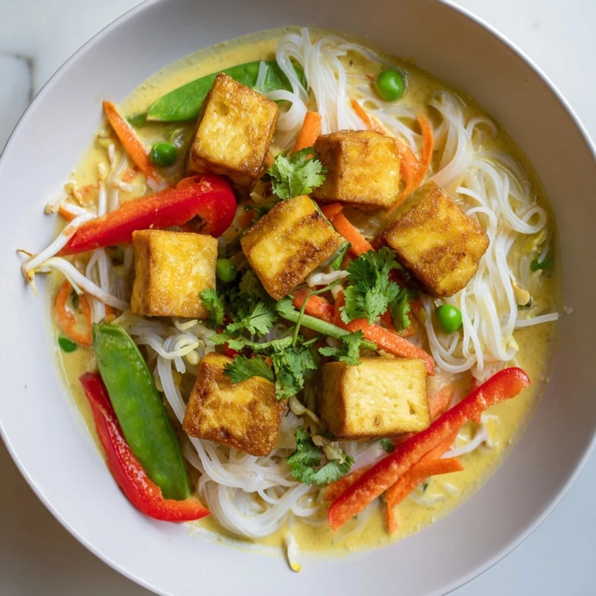 Enjoy hearty Malaysian Laksa Curry, a flavorful vegetarian soup with fresh cilantro and lime wedges.