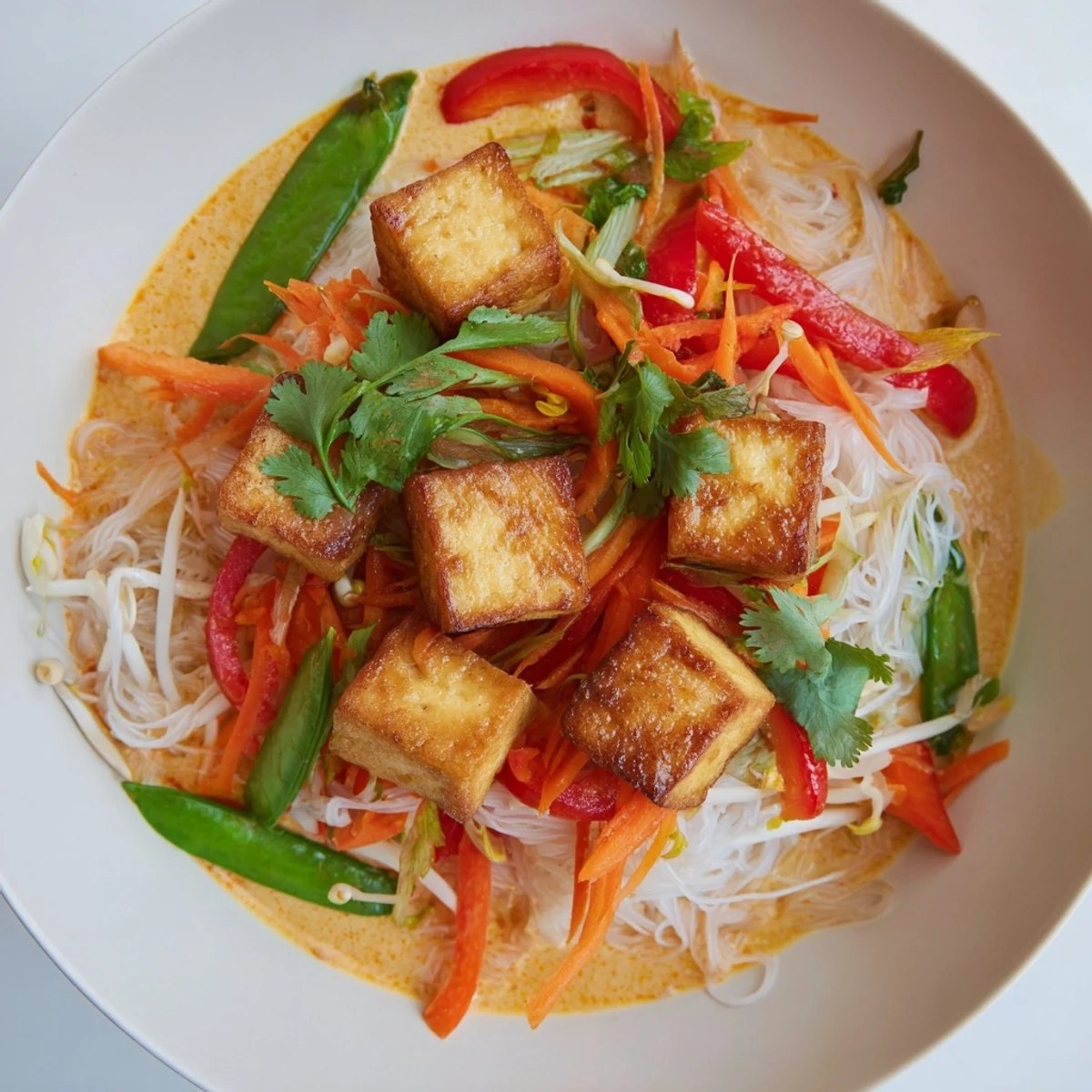Fragrant Malaysian Laksa Curry bowls feature noodles swimming in creamy coconut broth, with tofu.