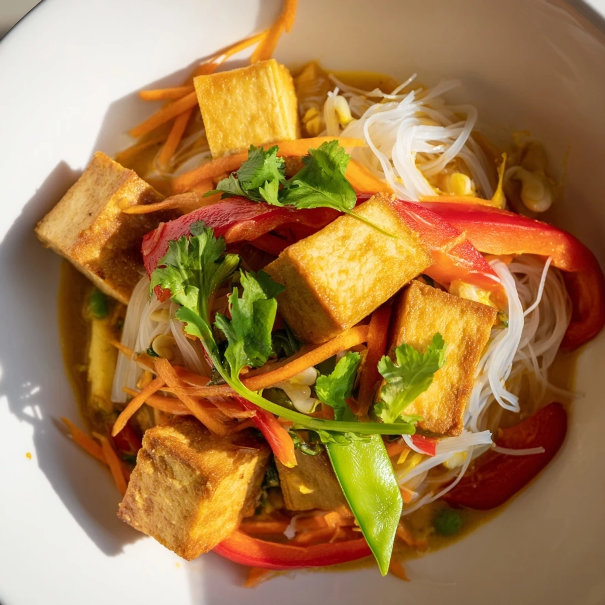 A steaming bowl of Malaysian Laksa Curry showcases vibrant vegetables and perfectly cooked rice noodles.