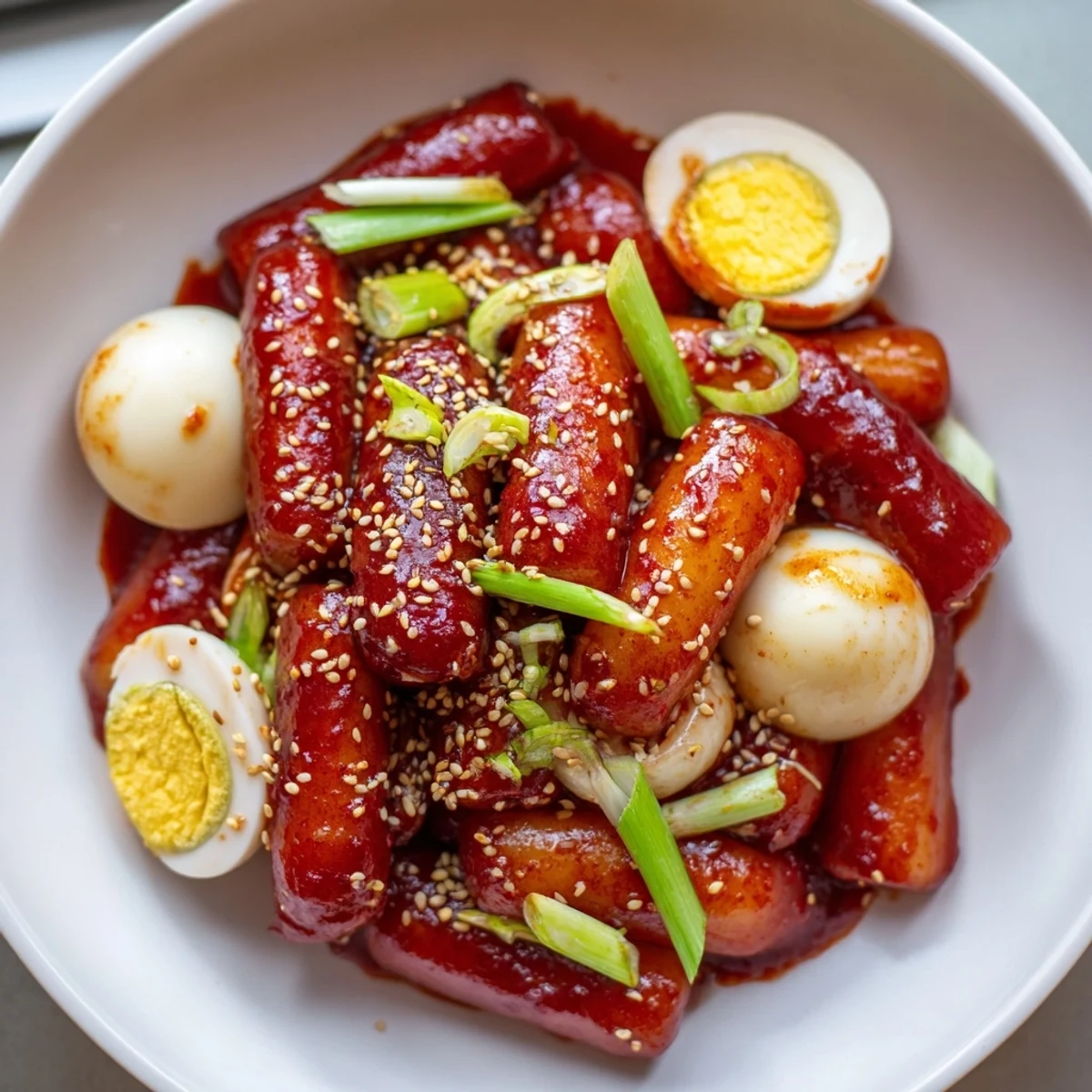 Steaming hot Korean Tteokbokki showcases chewy rice cakes in a vibrant, spicy gochujang sauce, ready to eat.