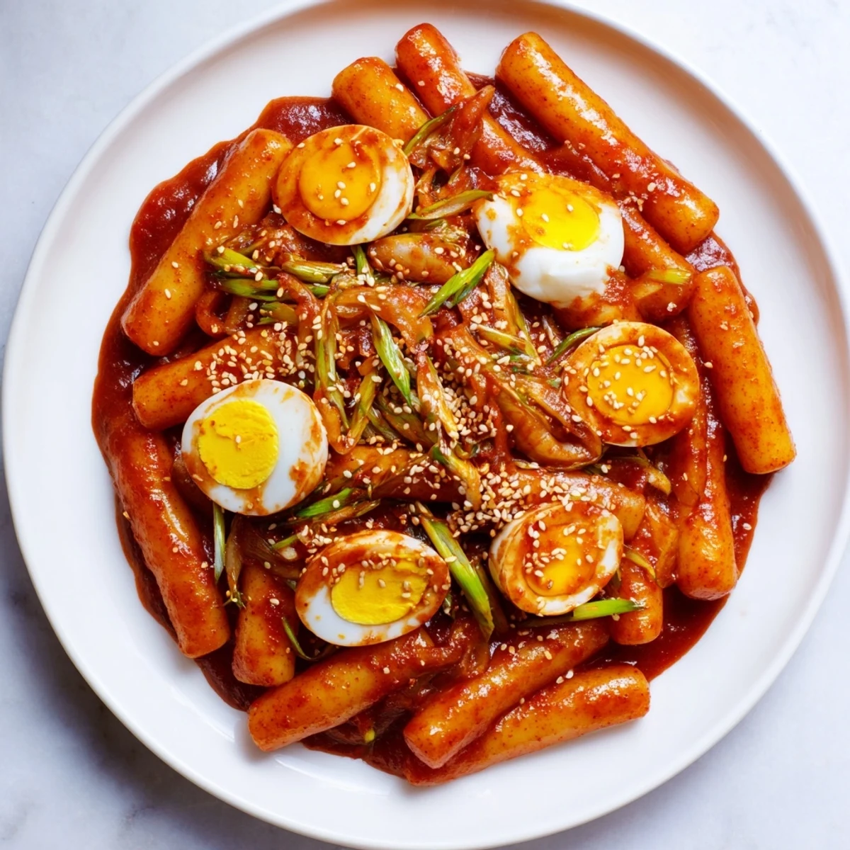 A close-up shot of Korean Tteokbokki reveals tender eggs alongside glistening rice cakes and a flavorful sauce.
