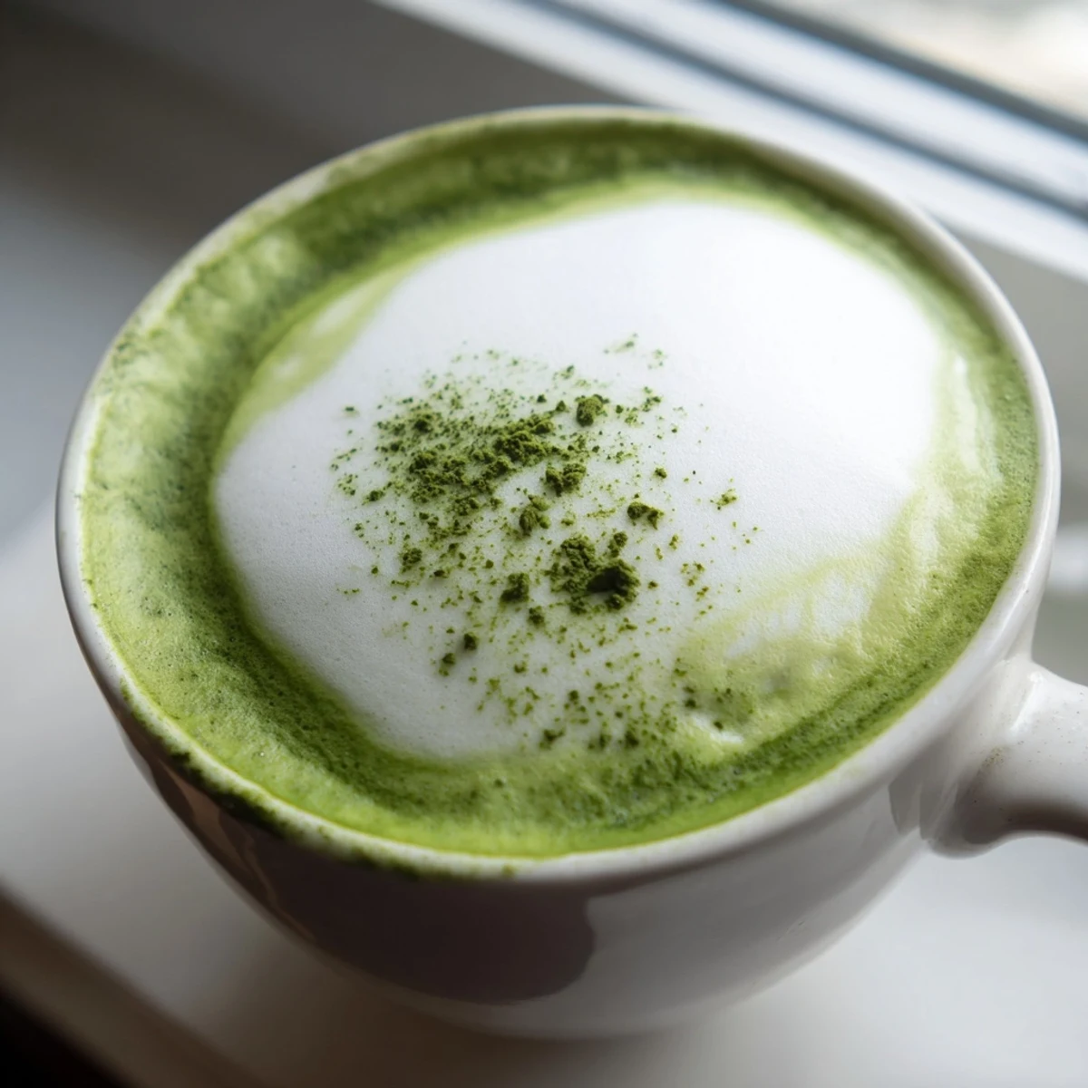Steaming matcha green tea latte served in a cozy cafe-style mug with a delicate spoon rest beside it.
