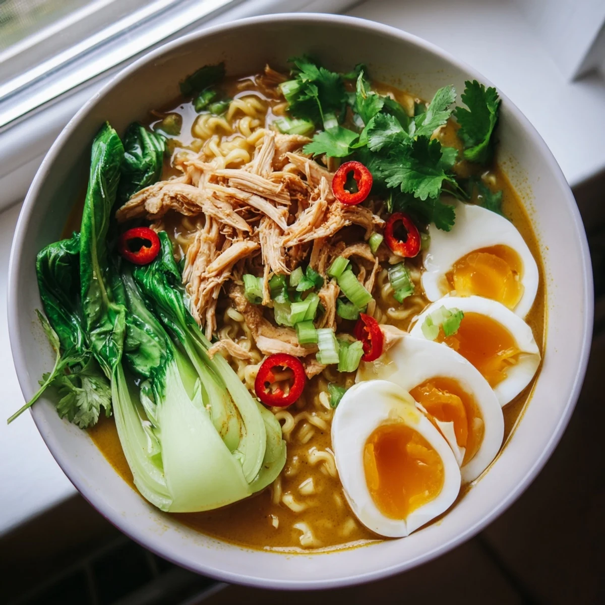 Thai Miso Ramen Bowl garnished with fresh cilantro, sliced scallions, and a lime wedge served alongside a rich, aromatic broth.
