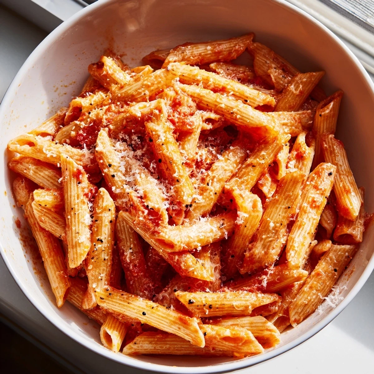 A close-up of steaming Microwave Bowl Pasta with marinara sauce in a white ceramic bowl, fresh basil garnish, and a fork resting on the side.
