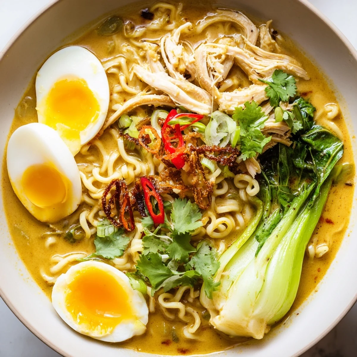 A steaming Thai Miso Ramen Bowl topped with soft-boiled eggs, shredded chicken, bok choy, and crispy shallots for a fusion flavor experience.