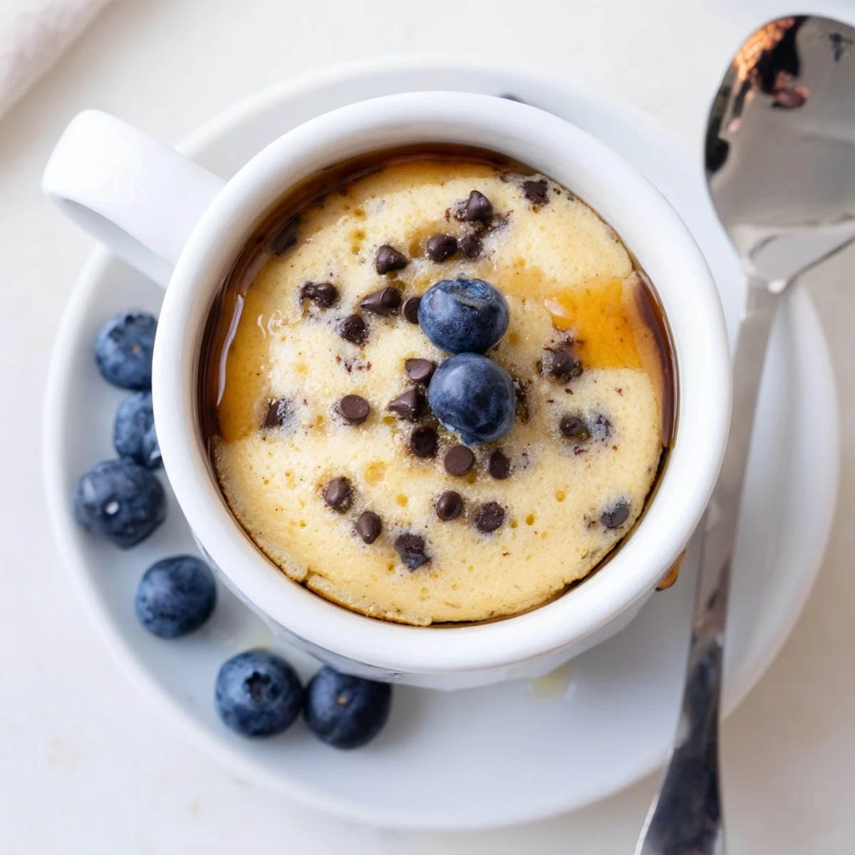 A freshly microwaved Microwave Mug Pancake rises high in a white mug, with mini chocolate chips melting into the fluffy batter.  