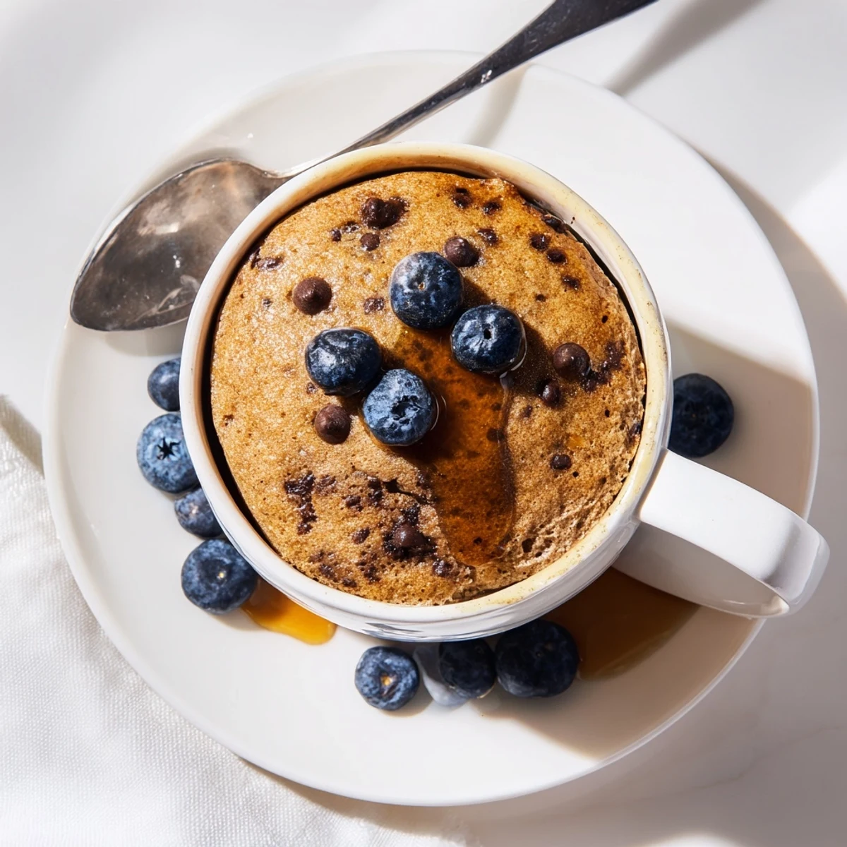Golden and moist, the Microwave Mug Pancake is topped with fresh blueberries and ready for a quick breakfast.