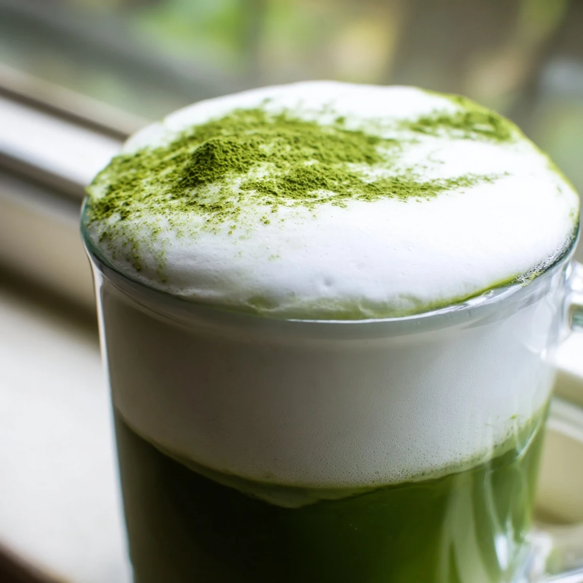 A vibrant matcha green tea latte topped with fluffy milk foam in a white ceramic mug, showcasing its creamy, emerald green hue.