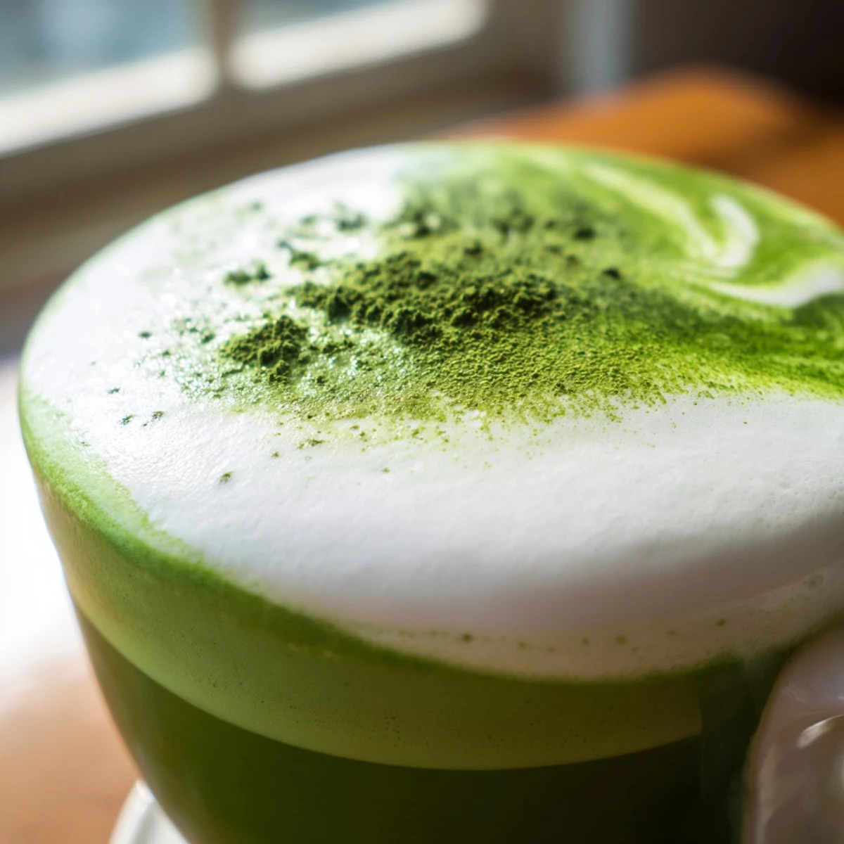 Freshly prepared matcha green tea latte garnished with a light dusting of matcha powder, highlighting its rich, smooth texture.