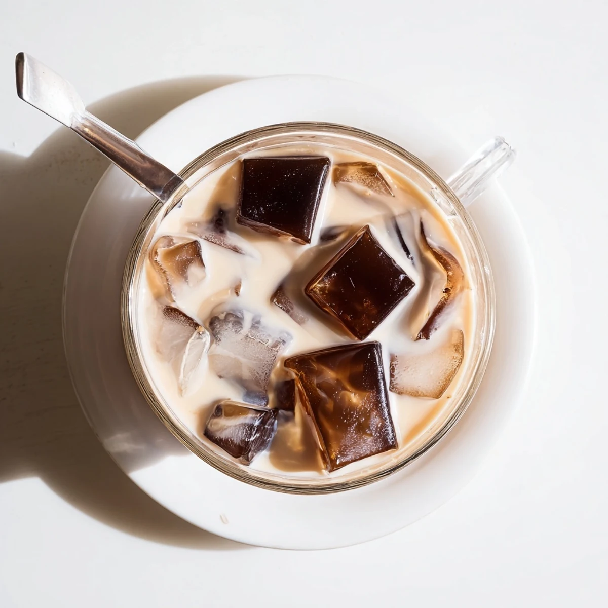 Chilled coffee jelly cubes swim in a creamy, sweet milk blend, offering a refreshing and bouncy treat for coffee lovers.