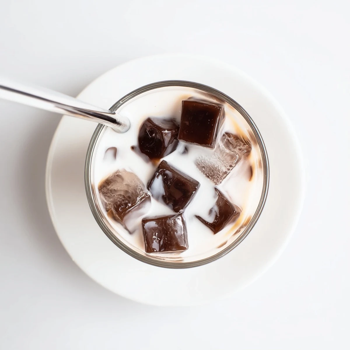 Sweet, creamy milk pours over glistening homemade coffee jelly cubes, creating a delightful iced beverage perfect for warm afternoons.