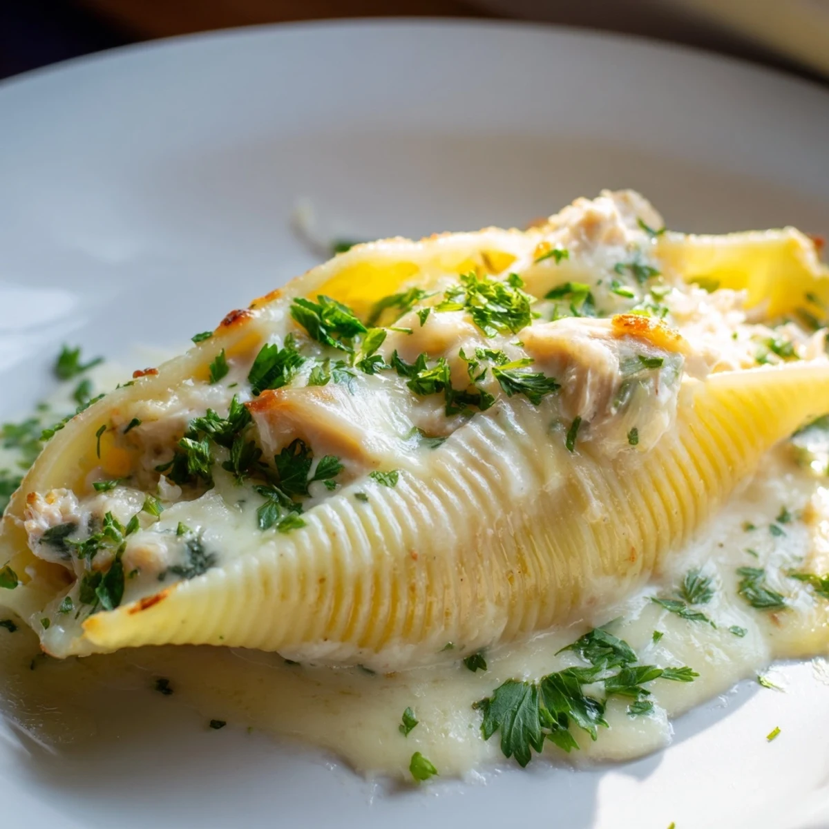 Baked chicken Alfredo stuffed shells in a 9x13-inch dish, topped with melted mozzarella and Parmesan, ready to serve.