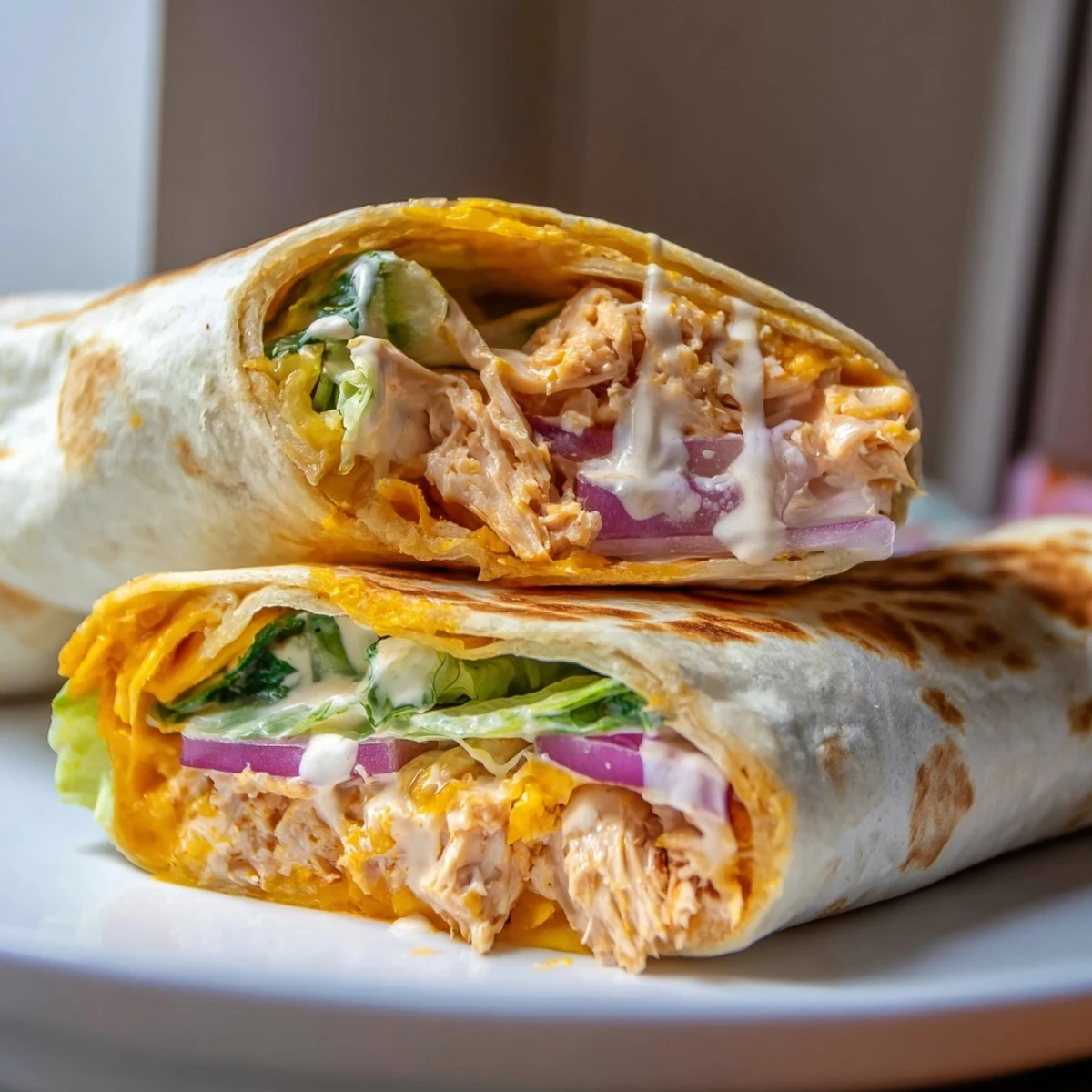 Golden-brown, toasted Buffalo Ranch Chicken Wrap sliced in half, revealing layers of crisp romaine, shredded cheddar, and juicy buffalo chicken inside.  